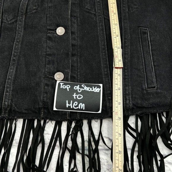 Levis Womens Ex-Boyfriend Trucker Jacket Black Denim Fringe Western Size S - Picture 9 of 13